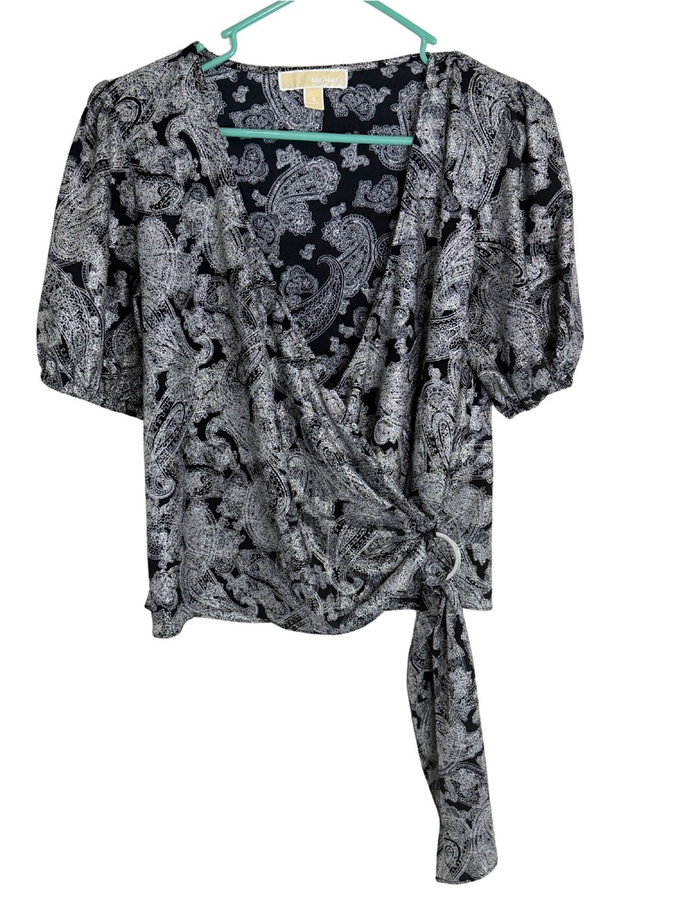MICHAEL Michael Kors Black & Silver Paisley Faux Wrap Top Size Small